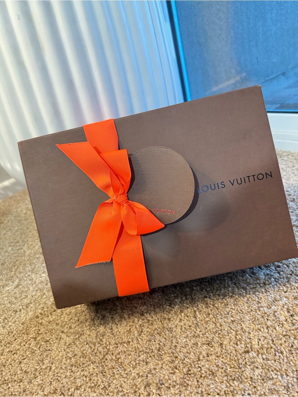 Louis Vuitton Brown Gift Box with Bright Orange Ribbon
